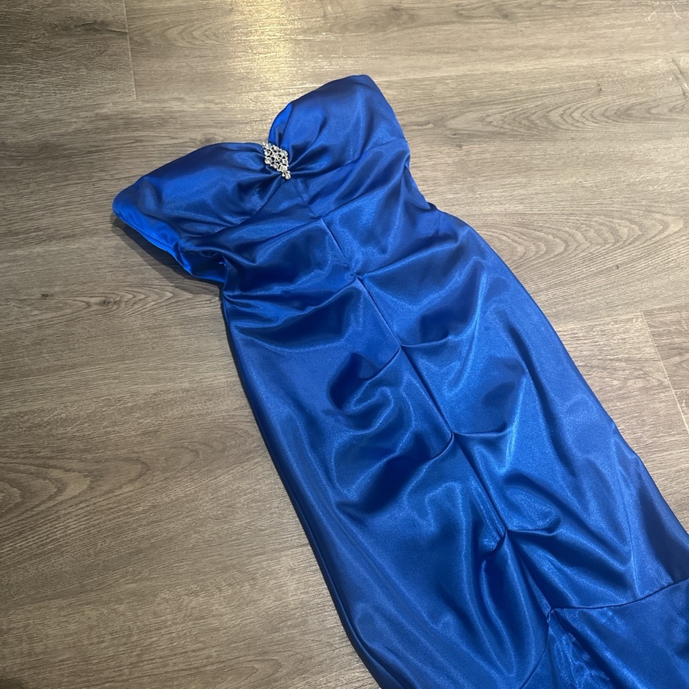 Xscape Blue Strapless Ruched Prom Gown - Picture 2 of 8